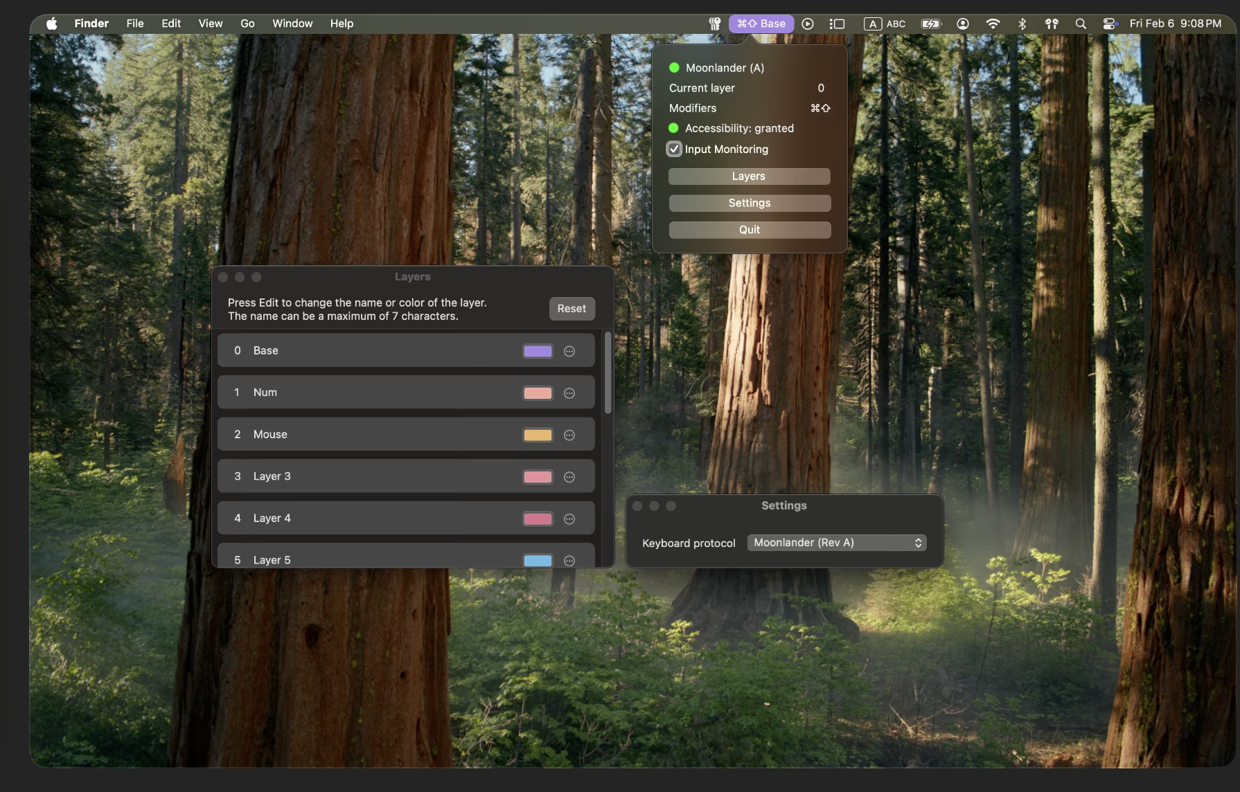 Real Klayi application screenshot showing the macOS menu bar indicator, popup, layers window, and settings window